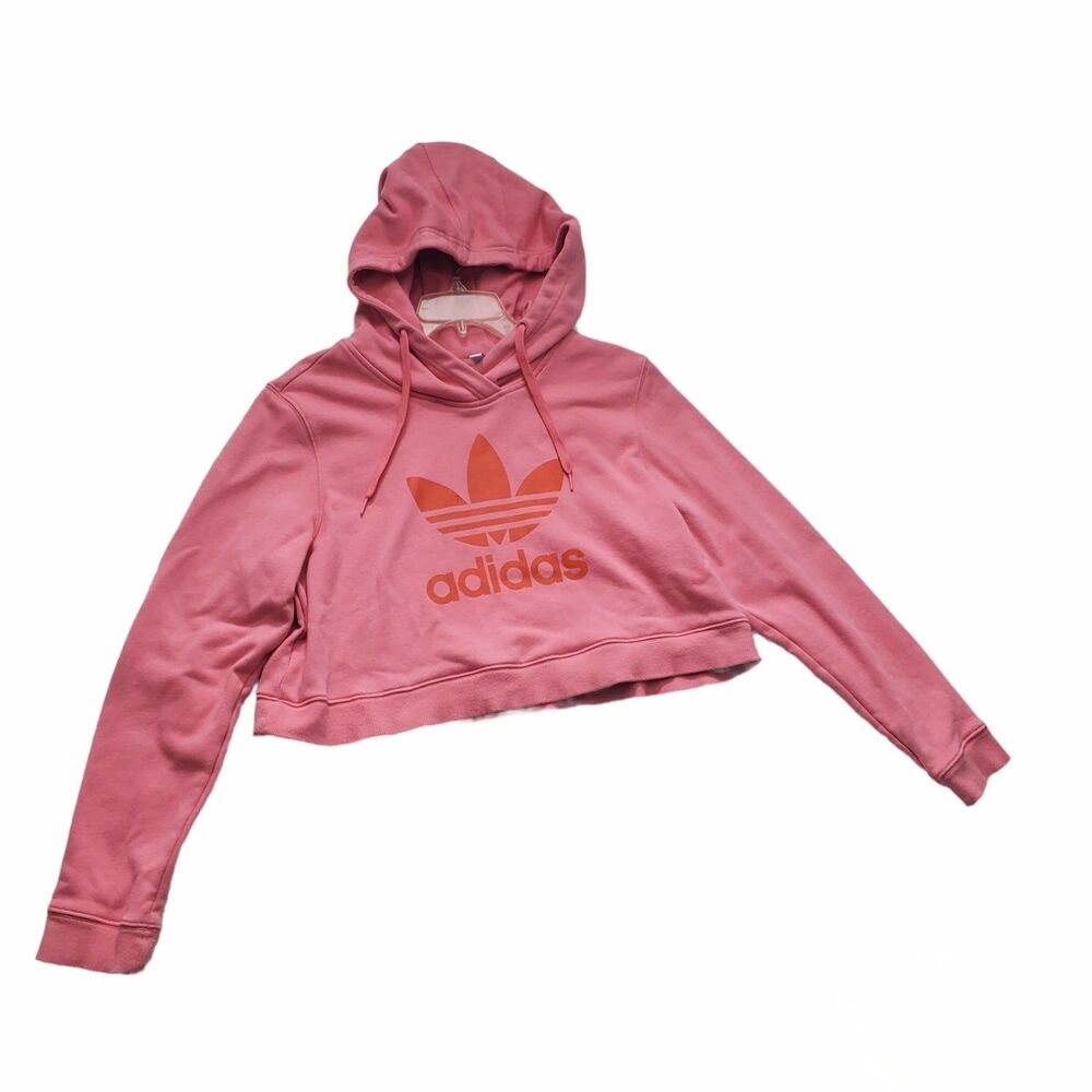 adidas Trefoil Hoodie Womens M Pink Long Sleeve Cropped Hooded Drawstring